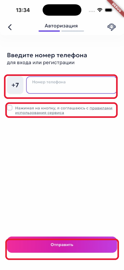 Экран авторизации с выделенными полем ввода телефона, чекбоксом согласия и кнопкой Отправить